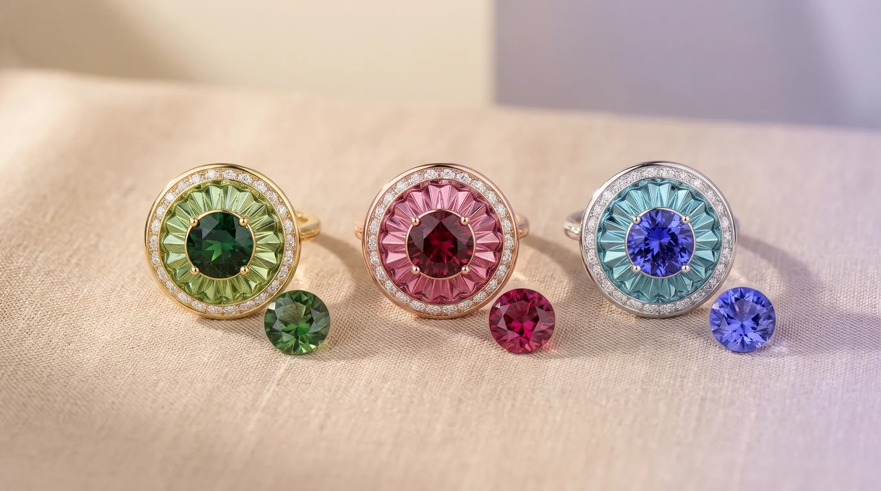 The three Sinan Expressions Rings beside loose verdelite, rubellite and tanzanite