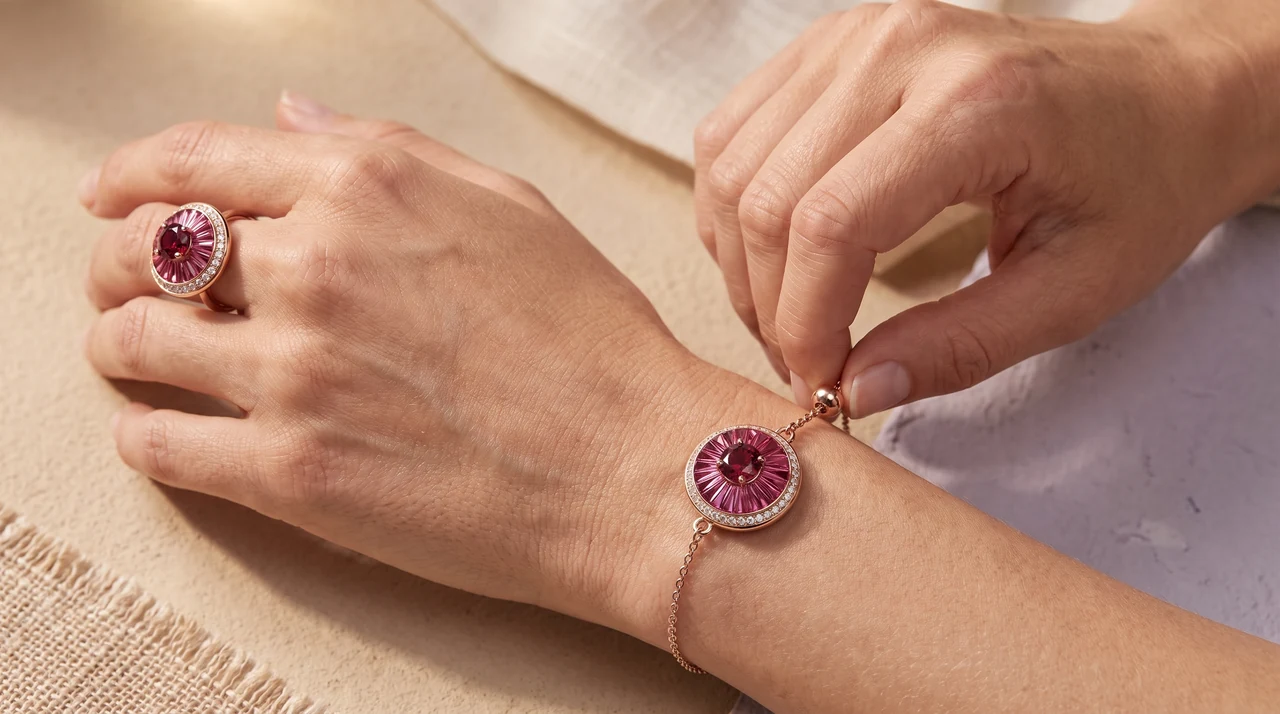 Hands wearing the Sinan Expressions Ring and Bracelet in rubellite and rose gold